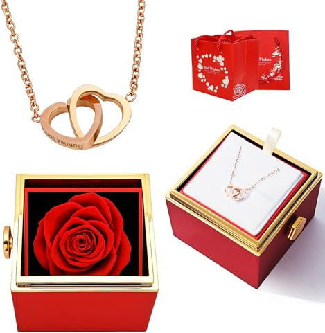 TINGKU Eternal Real Rose Gift Box for Women, Preserved Rose with Customized Engraved Name Heart Necklace, Personalized Forever Flowers for Her Wife Mom Girlfriend, Valentines Day Love Keepsake-Red