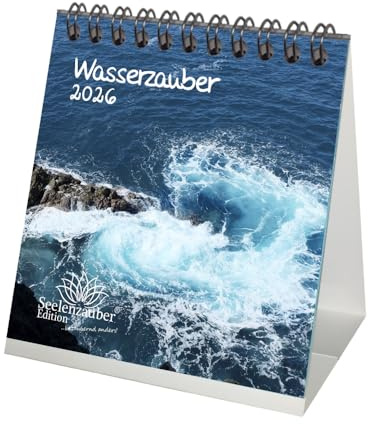 Wasserzauber Tischkalender 10cm x 10cm für 2026 Wasser und Wasserfälle - Geschenkset Inhalt: 1x Kalender, 1x Weihnachtsanhänger (insgesamt 2 Teile)