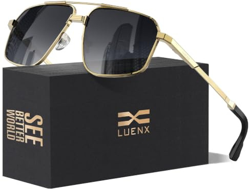Luenx Polarised Sunglasses Mens Womens Retro Square UV400 Driving | Large 60mm Lens,Ultralight,Metal Frame,Polygon Shades,Adjustable Nose Pads,Eye Protection,Cycling,Fishing