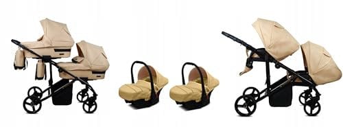 BabyLux® Kinderwagen Set 3 in 1 für Zwillinge - Trailux Duo - Beige - incl. Babywanne, Buggy Sportsitz, Auto-Babyschale - Autositz - Geschwisterwagen Zwillingskinderwagen mit Wickeltasche
