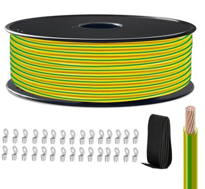 H07V-K Erdungskabel 2,5mm² 100m Grün-Gelb | Schutzleiterlitze 49x0,254mm | VDE-Zertifiziert mit Montagezubehör für Elektroanlagen & Maschinenbau