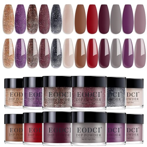 EODCI Nagel Dip Pulver Set, 12 Farben Valentinsnagelkunst Starter Maniküre Salon DIY zu Hause Goldglitzer Dunkelviolett Glitzer Nude Rot Grau Keine erforderliche Nagellampe ausgehärtet