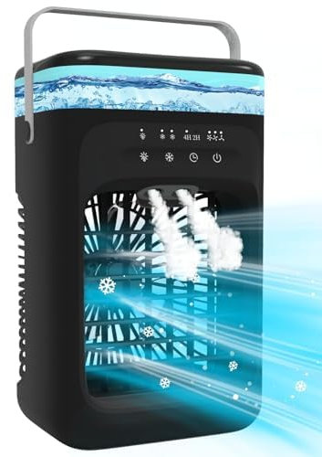 Omeyo Klimaanlage Mobil, 5-in-1 Mobiles Klimagerät, 1000 ML Mini Luftkühler mit 3 Luftgeschwindigkeiten & 2 Kühlnebel, 2-4H Timer & 7 LED,Leise Kleine Klimaanlage für Zimmer und Büro(8W),Schwarz