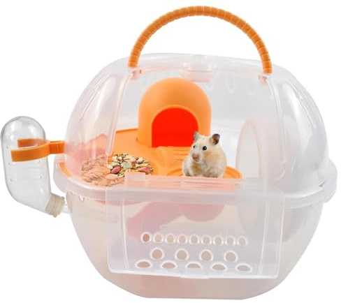Uxsjakjsd Breathable Carry Case with 2 Tiers, Hamster Travel Carrier Featuring Silent Exercise Wheel Water Bottle Food Dish Orange