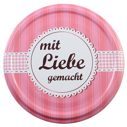10er Set Schraubdeckel für Gläser 82 mm – Ersatzdeckel für Einmachgläser mit Mit Liebe gemacht Motiv Rosa – Twist Off Deckel für Sturzgläser – Einmachdeckel für Marmeladengläser