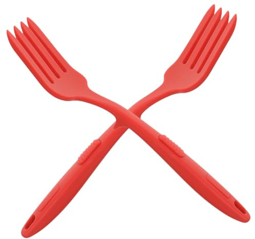 UTHCLO Tenedor Grande De Silicona Para Cocina Casera y Fideos Fritos, Tenedor Práctico y Ergonómico, Resistente y Seguro, Color Rojo, Juego De 2 Unidades, Utensilios Para Ensalada y Pasta