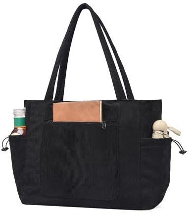 ibalulu Cord Tasche Damen, Groß Shopper Tasche, 15.6 Zoll Tote Bag Laptoptasche, Strandtasche mit Reißverschluss, Handtasche Arbeitstasche Umhängetasche Schultasche für Schule Gym Reisen (Schwarz)