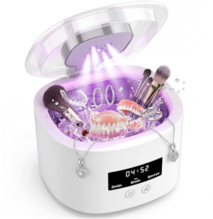 Pulitore Ultrasuoni 50000Hz, Pulitori Ultrasuoni, Ricaricabile Lampada UV Ultrasonic Cleaner, 380ml, 3 Modalità per Apparecchi Ortodontici, per Protesi, Allineatori, Testine Di Spazzolini, Gioielli