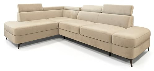 Masseno Ecksofa AVISE M L-S mit Schlaffunktion L-Form, Klassisch Sofa mit Bettkasten, Wohnzimmersofa, Couch, Soffa, Bettsofa, Couchgarnitur - Creme, Monolith 04