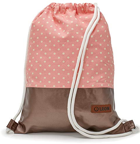 By Bers Leon großer Premium Turnbeutel mit Innentaschen Rucksack Tasche Damen Herren Teenager Gym Bag Draw String 45x34cm für Sport Reise Alltag Einkauf (kupfer_punktrosa)