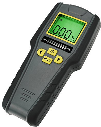 Misuratore di Umidità 4-in-1 senza Punta, Display LCD Digitale con Grafico a Barre Tricolore per Cartongesso, Muratura, Legno Tenero e Legno Duro con Calibrazione Automatica e Allarme