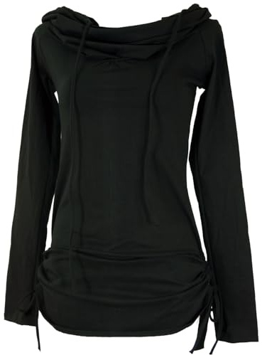 GURU SHOP Longshirt, Minikleid mit weiter Schalkapuze, Damenmode | Kurzes Minikleid, Daumenlöcher, seitliches Raffen, elastisch, normaler Schnitt, 97 % Baumwolle
