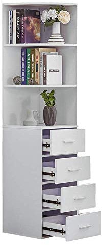 BOJU Tall Bathroom Corner Cabinet White with 4 Drawers 3 Shelves Living Room Bookcase Wood Unit Storage Cabinet Cupboard Sideboard Slimline