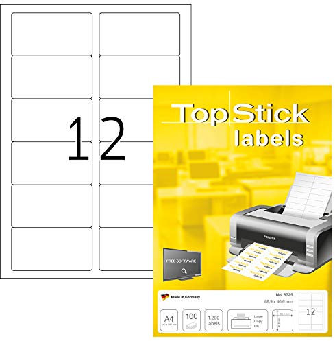 TopStick 8725 Adressetiketten, 100 Blatt, 88,9 x 46,6 mm, 12 pro A4 Bogen, 1200 Stück, selbstklebend, bedruckbar, matt, blanko Papier Adressaufkleber Etiketten, weiß