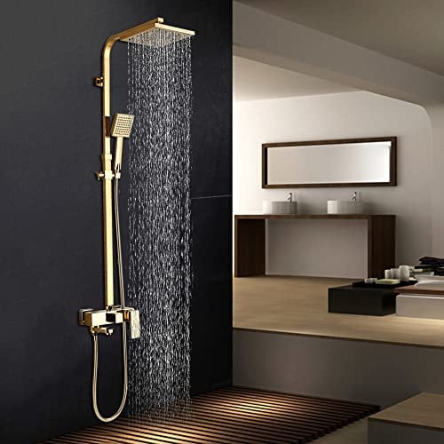 Onyzpily Ensemble de douche avec système de rangement à 3 fonctions - douche à effet pluie, douchette et mélangeur - doré