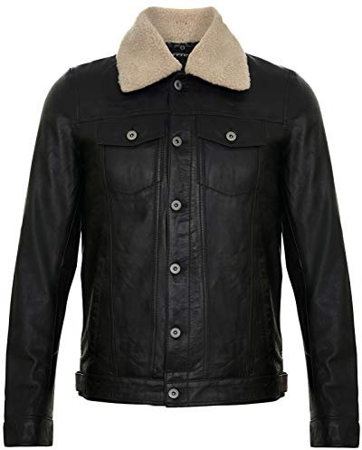 Infinity Leather Herren Schwarze Lederjacke Trucker Abnehmbarer Schaffell Sherpa Kragen Beiläufig Jeans Mantel L