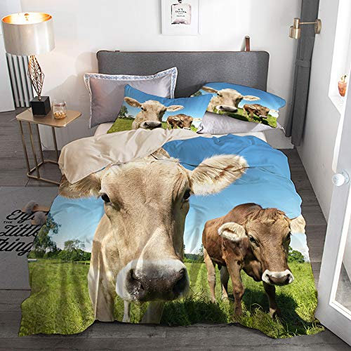 PbbrTK Bettwäsche Set,Mikrofaser,Beige,Schließen Sie herauf süßes Foto von Kühen an der Wiese in einem mit offenem Himmel,1 Bettbezug 135 x 200cm + 2 Kopfkissenbezug 50 x 80cm