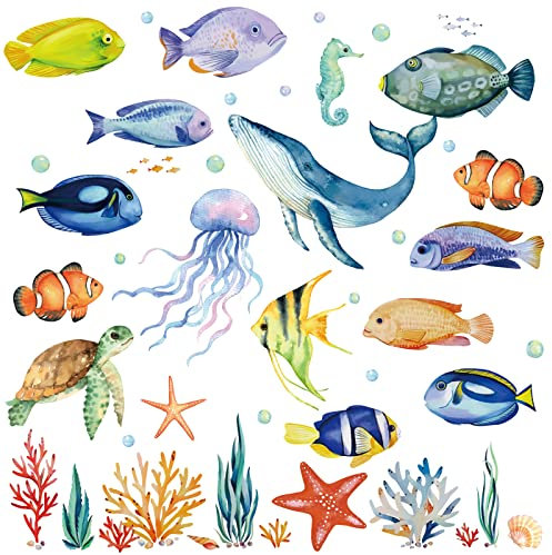decalmile Wandtattoo Unter dem Meer Wandsticker Tropischer Fisch Qualle Ozean Wandaufkleber Kinderzimmer Babyzimmer Schlafzimmer Badezimmer Wanddeko