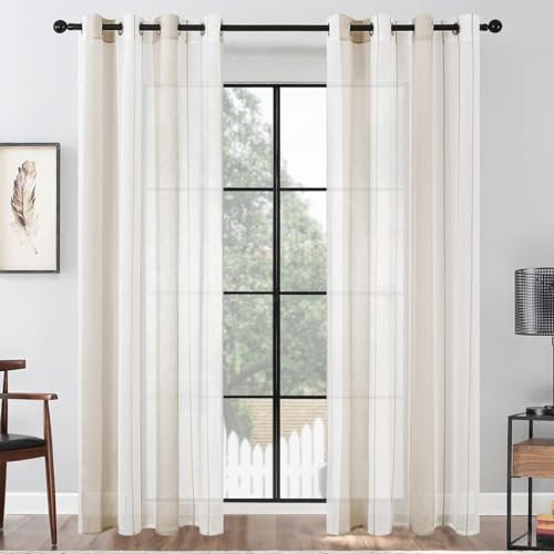 MRTREES Vorhänge halbtransparent, tüll Gardinen Wohnzimmer Vorhang Beige + Weiß, Vorhänge gestreifte Schlafzimmer mit Ösen Gardine 2 Stücke je 245 cm lang 140 cm breit