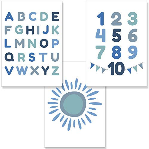 PREMYO Bilder Kinderzimmer Deko Jungen - Alphabet ABC Poster Set Babyzimmer - Wandbilder Schlafzimmer Sonne Blau A4