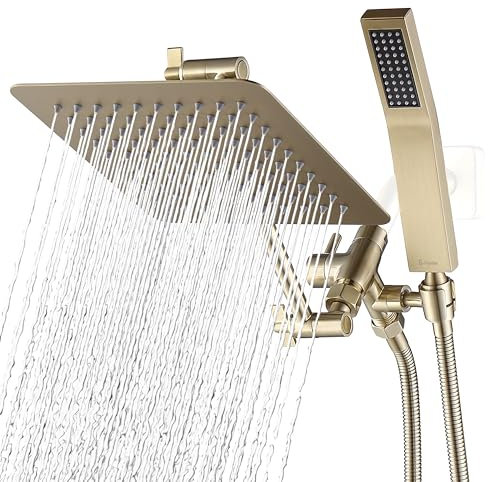 G-Promise All Metal Dual Square Shower Head Combo | 8 Rain Shower Head | Handheld Shower Wand | Smooth 3-Way Diverter | with 11 Adjustable Extender - A Bathroom Upgrade (Brushed Gold)