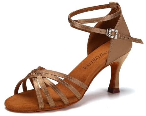 RUYBOZRY Scarpe da Ballo Latino Americano Donna in Raso Scarpe Ballo Salsa da Sala Modello-802QB,Tacco-7cm,Beige,EU 39