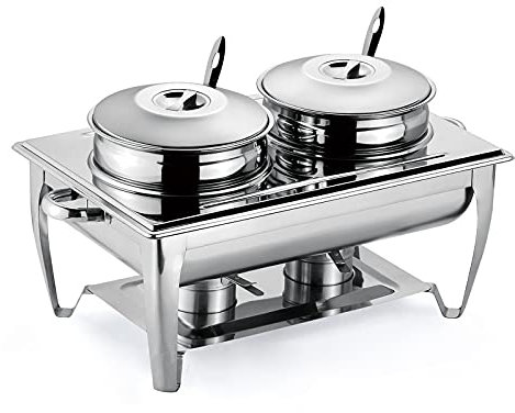 Full Size Chafing Dish Buffet Set, 9L Soup Server Stainless Steel Food Warmer Steam Table with 2 Round Pots, Lids and 2 Soup Ladles for Catering Restaurants