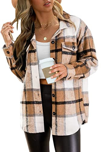 AUTOMET Damen Casual Plaid Shacket Wollmischung Knopfleiste Langarm Hemd Herbst Jacke Shackets, aprikose, Mittel