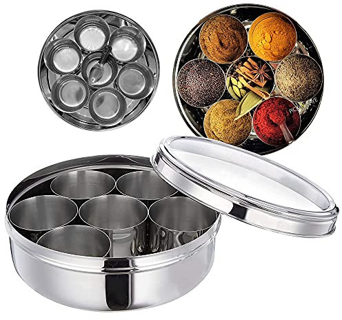 Pick N Save PNS Spice Box/Masala Dabba with 7 Compartments made out of Highest food grade stainless with FREE Serving spoon (Transparent Lid, 18cm)
