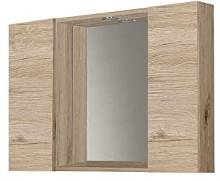 Mama Store SPECCHIERA Bagno con 2 VANI Contenitore e Luce LED-Quercia Naturale, L. 81 CM X P. 16 CM X H. 60 CM