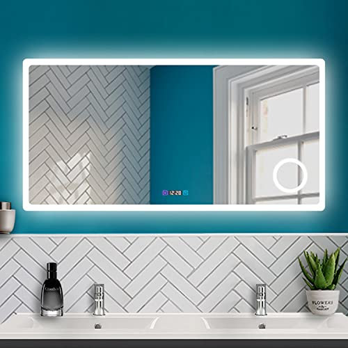 HAPAOSO Badspiegel mit Beleuchtung 160x80cm, Badezimmer LED Spiegel mit Uhr Dimmbar Kaltweiß + Neutralweiß + Warmweiß Beleuchtung + 3X Vergrößerung + Beschlagfrei + Wandspiegel mit Touchschalter