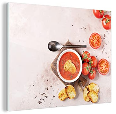 MuchoWow Glasbild Glasfoto Wandbild Bilder Deko 80x60 cm Tomate - Suppe - Küche - Kräuter