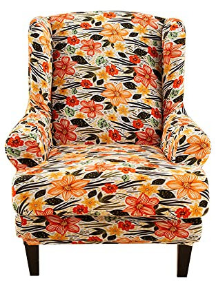 Highdi 2 Teilig Ohrensessel Überzug, Sessel-Überwürfe Ohrensessel Schonbezüge Bezug Sesselhusse Elastisch Stretch Tiger Stuhlbezug mit Armlehne Hohe Rückenlehne Universal (orangene Blume)