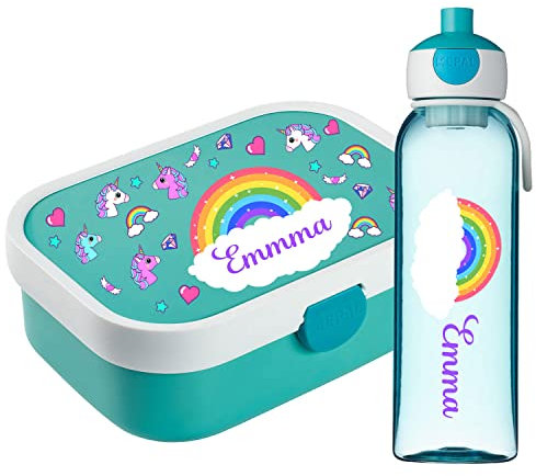 Ferocity Set de fiambreras personalizadas para niños niñas a la escuela personalizado con nombre fiambrera botella de agua biberón libre de BPA con tenedor y compartimento bento Rainbow [153]