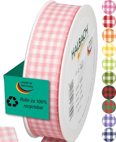 Halbach Seidenbänder Vichy Ruban à carreaux rose pâle de 25 mm pour emballage cadeau, ruban de célébration