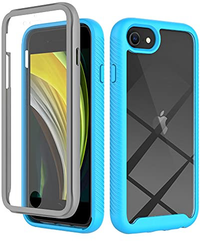 Sailwy iPhone SE 2020/2022/8/7 Case, Built-in Screen Protector, Full Body Protection, Shockproof, Transparent Clear Silicone Bumper, Light Blue