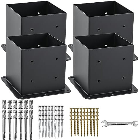 AXWHYS 6x6 Post Base 4 Pcs, (Inner Size 5.6x5.6) Post Anchors, 13GA Thick Solid Steel & Black Powder Coated,Deck Post Brackets Support Deck Base Plate Pergola Brackets Fence Kit