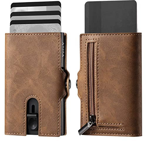 VpiuV® geldbörse Herren - Kreditkartenetui mit RFID-Schutz - Slim Wallet mit Münzfach - Aluminium-Kartenhalter - Braunes Leder im Vintage-Stil