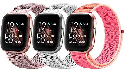 Chinbersky 3 Stück Nylon Armband Kompatibel mit Fitbit Versa 2 Armband/Fitbit Versa Armband für Damen Herren, Weich Atmungsaktiver Sport Verstellbares Ersatzband für Fitbit Versa 2/Versa/Versa Lite/SE