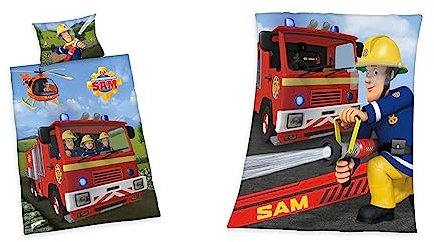 Herding FEUERWEHRMANN SAM Bettwäsche-Set, Wendemotiv, Kopfkissenbezug 40 x 60 cm, Bettbezug 100 x 135 cm, Baumwolle/Renforcé & NN SAM Fleece-Kuscheldecke, 130 x 160 cm, Polyester, Mehrfarbig