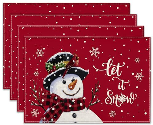 Ohok Weihnachten Tischsets Abwaschbar 4er Set, Polyester Leinen Platzdeckchen 30x45cm, Weihnachten Tischuntersetzer Platzsets für Küche Speisetisch Hotel Weihnachts Tischdeko (Schneemann Rot)