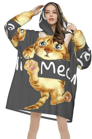 MUMICO Hi Meow Slogan with Cat Wearable Blanket Hoodie Oversized Sweatshirt Super Soft Warm Pullover, Gifts for Women Men Teens Multicolor, mehrfarbig, 320g flannel