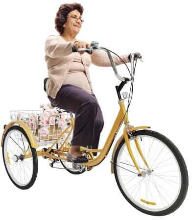 Balider Dreirad für Erwachsene Senioren, 24 Zoll 6 Geschwindigkeit 3 Rad Fahrrad mit Korb, Cityfahrrad Tricycle von 209.44 lb, mit Kotflügel& Reflektierende Lichter, Gelb