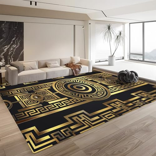 Waschbarer Vintage Schwarz und Gold Luxus Griechenland Kurzflor Teppich - Weicher, Rutschfester Teppich für Wohnzimmer - Flauschiger, 3D-geometrischer Golddruck Teppiche Gegend, 140cm x 200cm