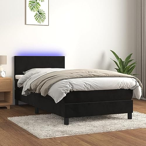 IKAYAA Boxspringbett mit Matratze LED Bett 90x200 mit matratze und lattenrost Boxspringbett 90x200 mit matratze Bett komplett mit Kopfteil Samt-Schwarz-90 x 200 cm