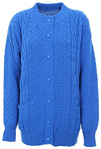 New Womens Ladies Button Up 2 Front Pockets Full Sleeve Round Neck Cable Knitted Cardigan Turquoise - Mb 12-14