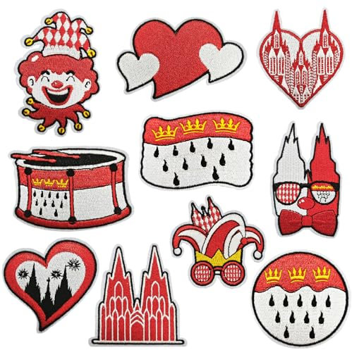 Qpout 10 Stück Kölner Karneval Rot Weiß Bügelflicken, süße bestickte Reparaturflicken zum Annähen oder Aufbügeln, Applikationen für Kleidung, Hosen, Hüte, Jeans, Nähen, Bastelzubehör