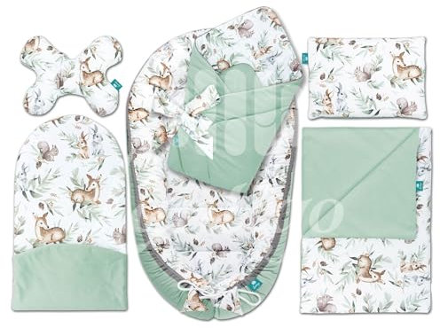 Lantigo Set für Neugeborene 6-teiliges Babynest Baumwolle mit Samt Baby Nestchen 95×55 cm inkl. Baby Kissen, Babydecke, Babyhörnchen, Erstausstattung Neugeborene Green Groove