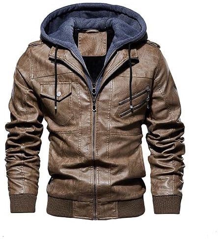 TINNYTT Veste en Cuir pour Homme, Moto Décontractée à Capuche, Faux Deux Pièces, Automne et Hiver, Khaki-L