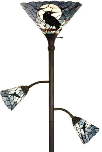 Bieye Lampadaire torche style Tiffany à 3 lumières avec lampes de lecture réglables pour salon, 178 cm de hauteur (bleu foncé, corbeau)